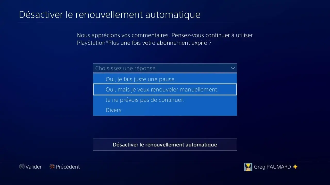 Écran de désactivation du renouvellement automatique d'abonnement PlayStation. L'utilisateur choisit de renouveler manuellement.