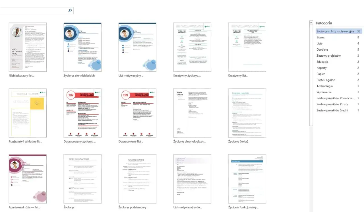 Kolekcja szablonów życiorysów i listów motywacyjnych. Znajdziesz tu różne style, od klasycznych po kreatywne, idealne do stworzenia profesjonalnego CV.