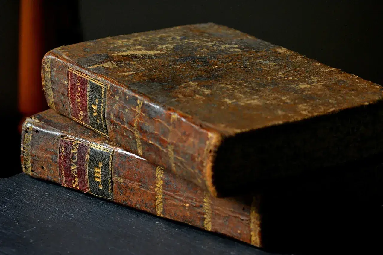 Dwie stare, skórzane księgi, jedna na drugiej. Na grzbietach widoczne napisy, sugerujące zawartość, być może mądrość Salomona z Biblii.