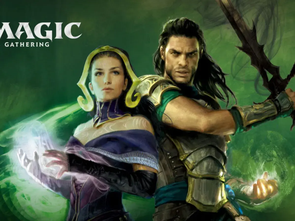 Deux personnages de la série Magic the Gathering, une femme lançant un sort lumineux et un guerrier armé d'une épée.
