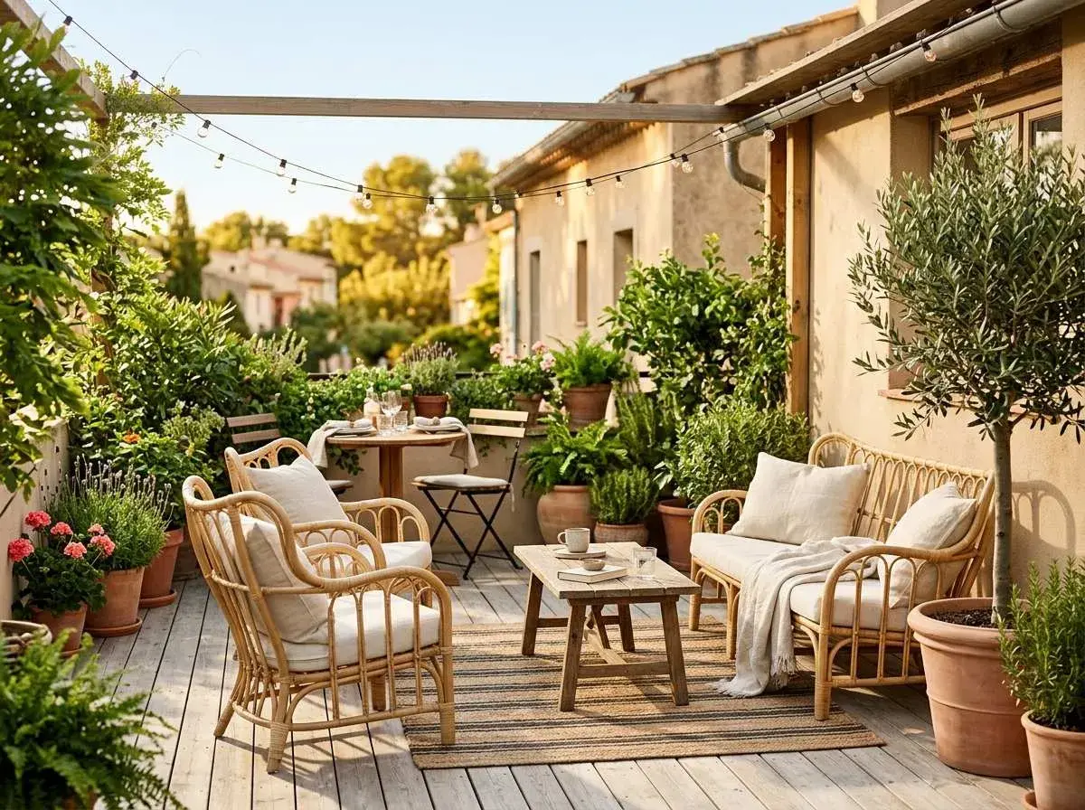 Une charmante terrasse en L, baignée de soleil, avec des meubles en rotin, des plantes luxuriantes et des guirlandes lumineuses. Parfait pour des soirées d'été.