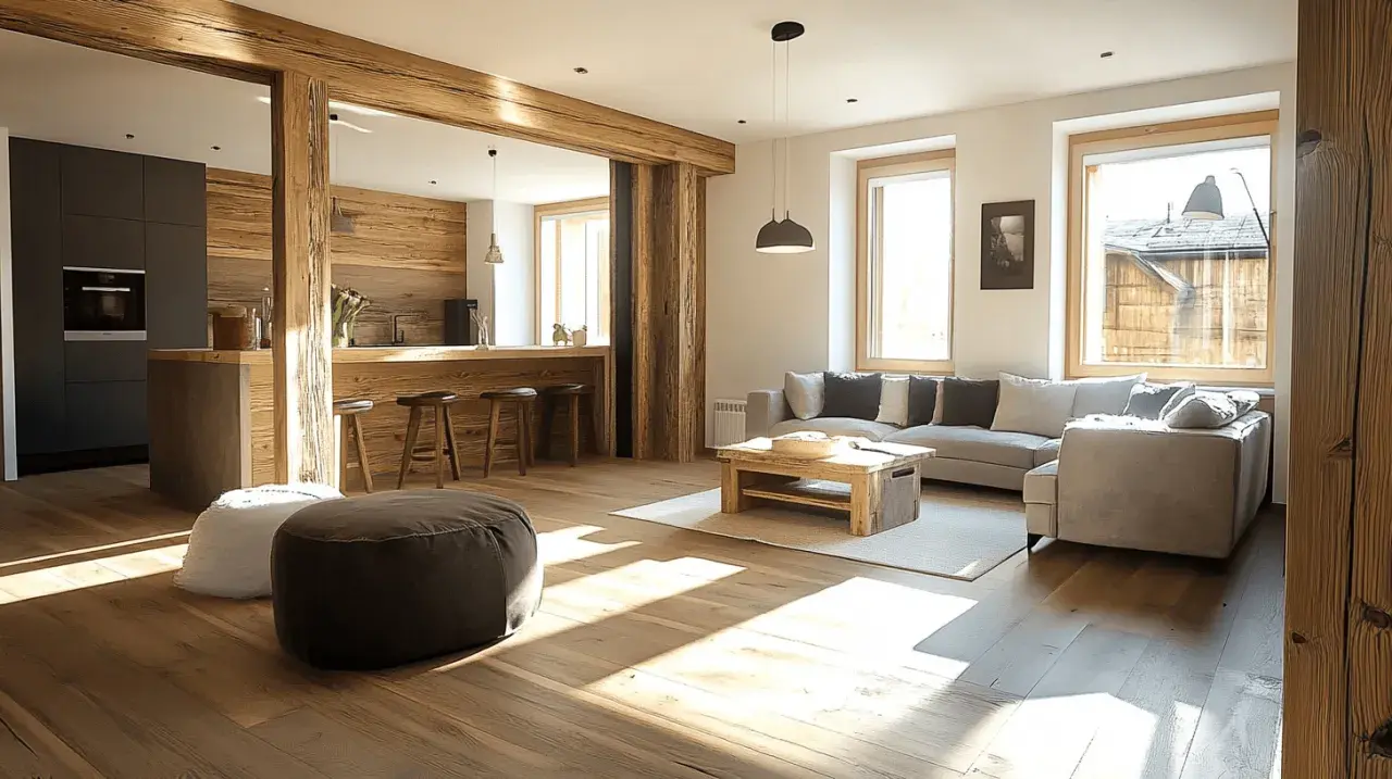 Rustikale Holzbalken und Dielen schaffen ein warmes Ambiente. Ein gemütliches Sofa und ein Holztisch passen perfekt zu diesem Stil, der zeigt, was zu Eiche rustikal passt.