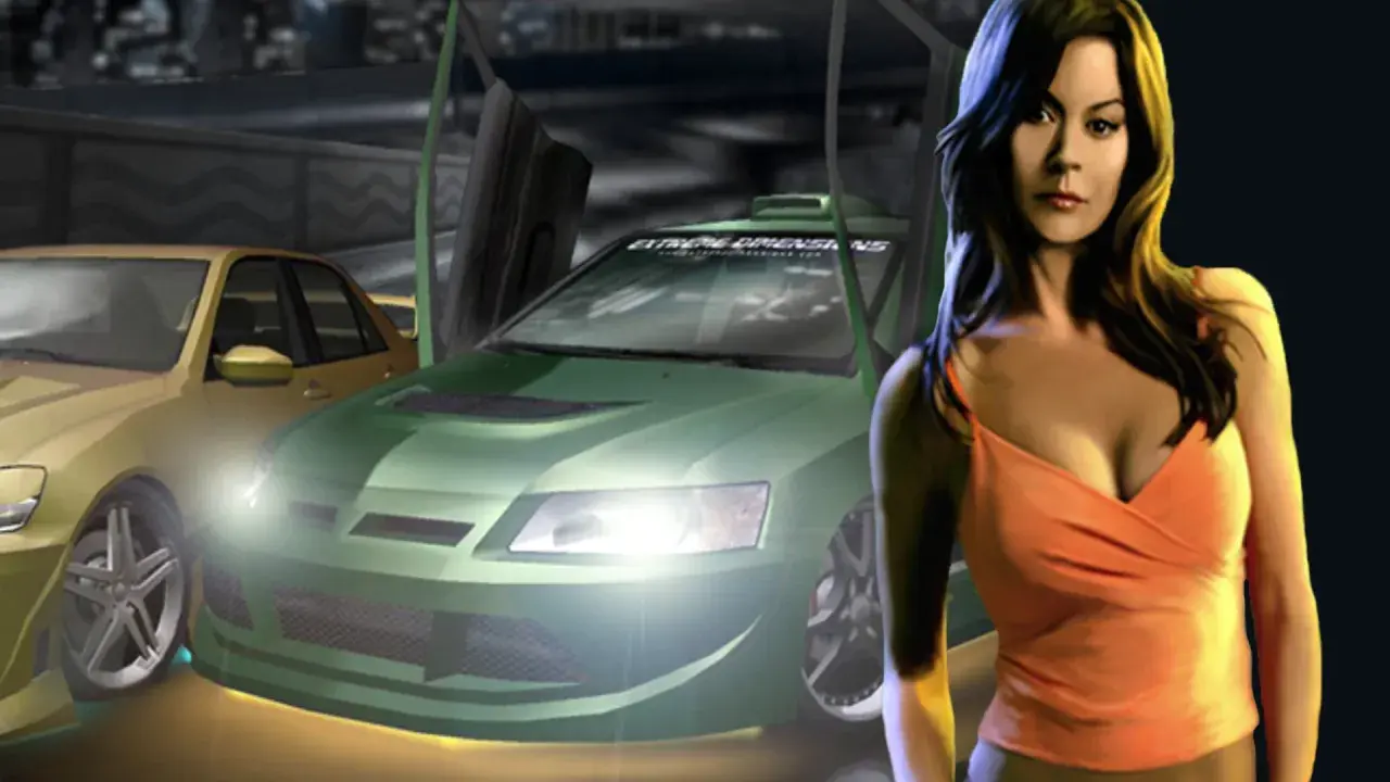 Ein grüner Mitsubishi Evo mit Flügeltüren und ein gelber Lexus IS stehen bereit für ein Rennen. Eine Frau im orangefarbenen Top posiert daneben. Ein Blick auf den **underground 2 remake**.