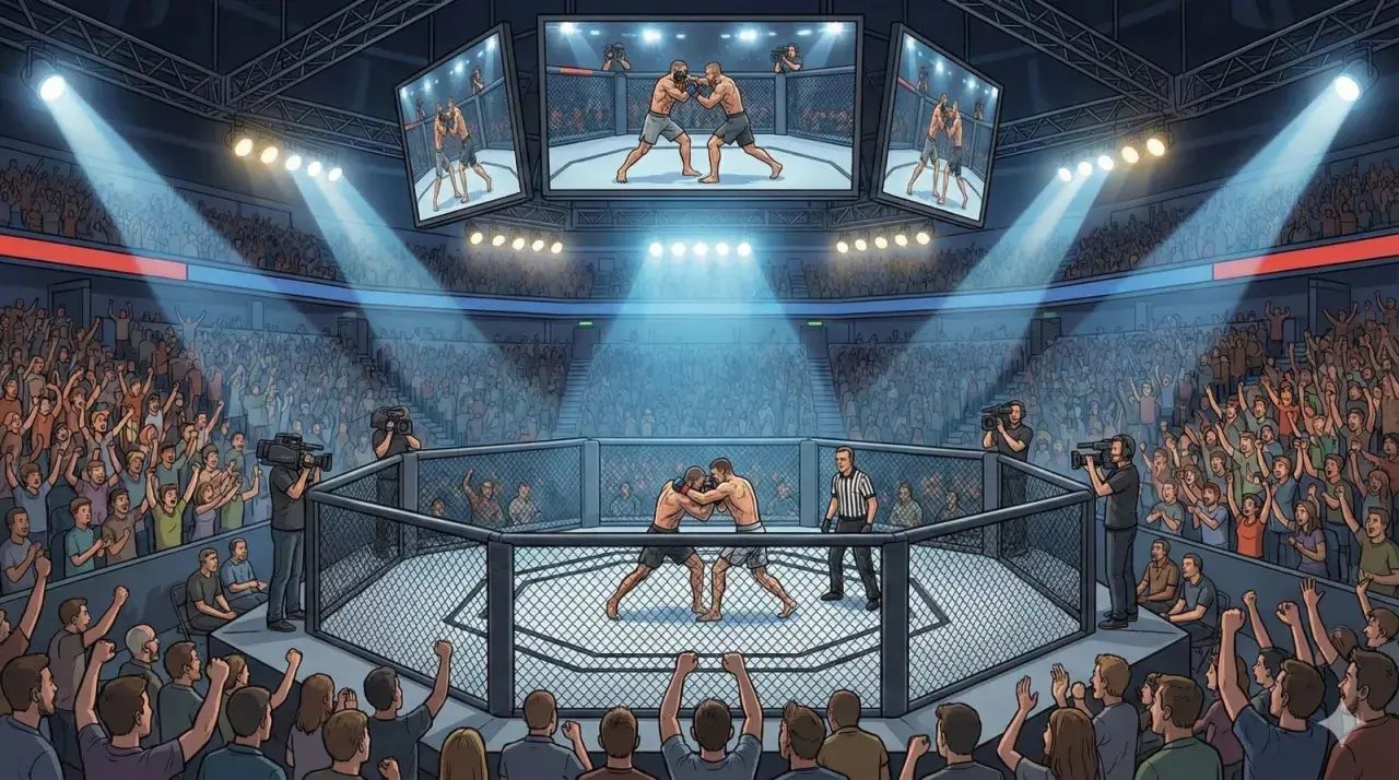 Emocjonująca gala UFC w pełnej klatce. Tłum kibiców szaleje, a zawodnicy walczą na śmierć i życie. Na ekranach widać powtórki akcji.