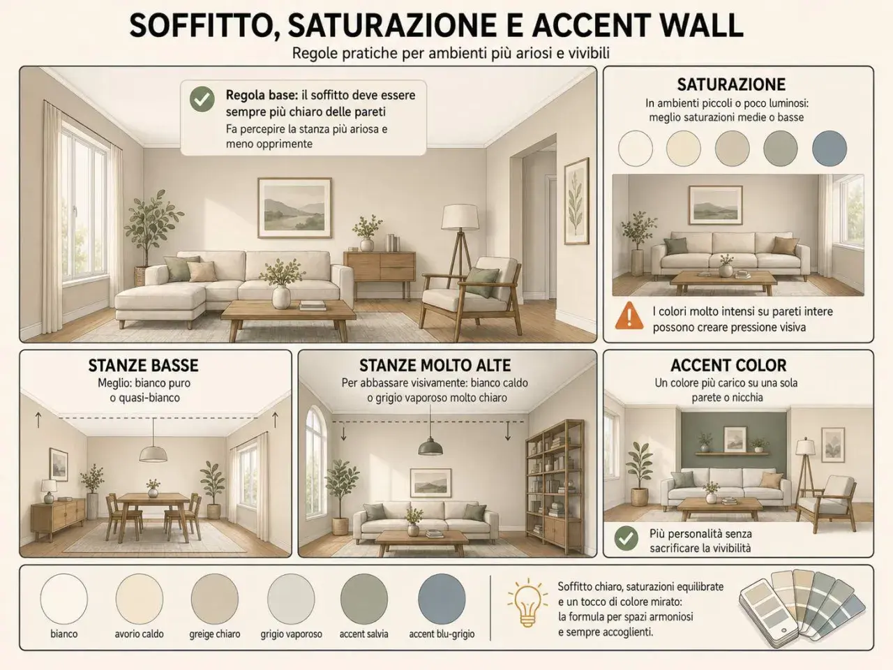 Guida alle tinteggiature interne: soffitto chiaro, saturazioni equilibrate e accenti di colore per spazi ariosi e accoglienti.