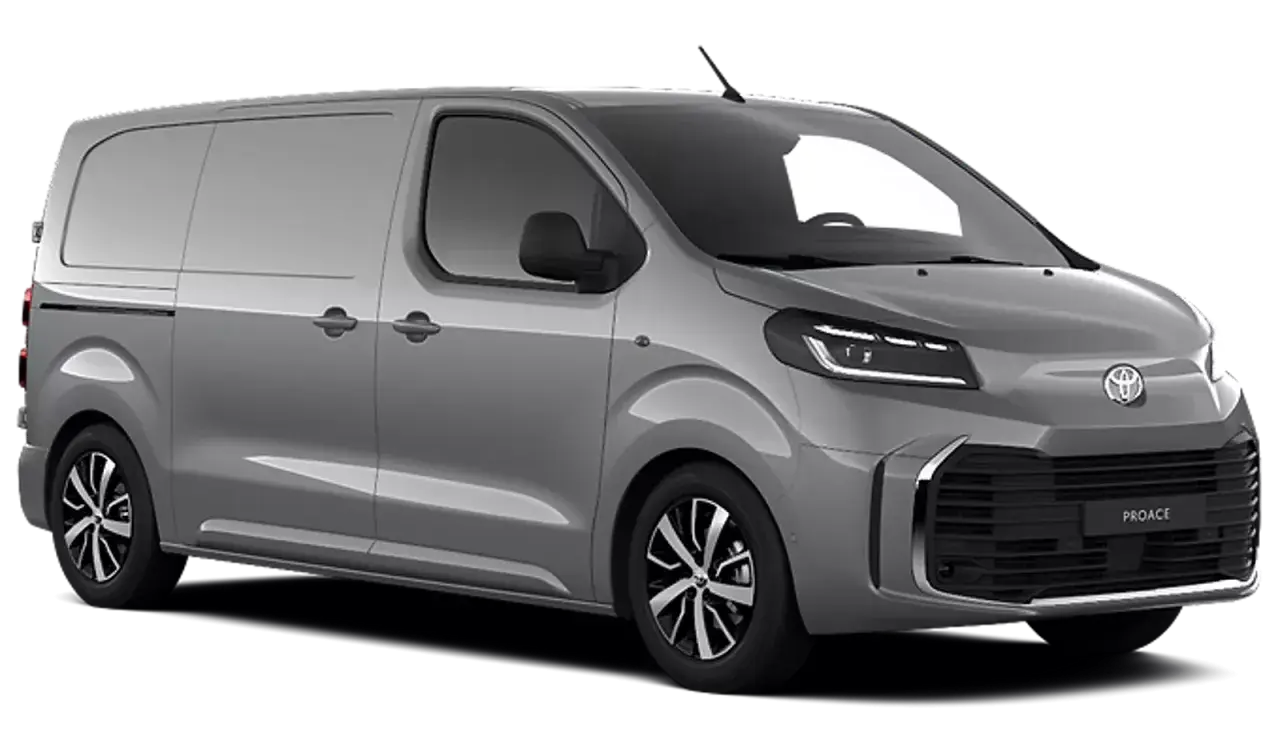 Srebrny Toyota Proace, nowoczesny van dostawczy z charakterystycznym grillem i światłami LED, gotowy do pracy.