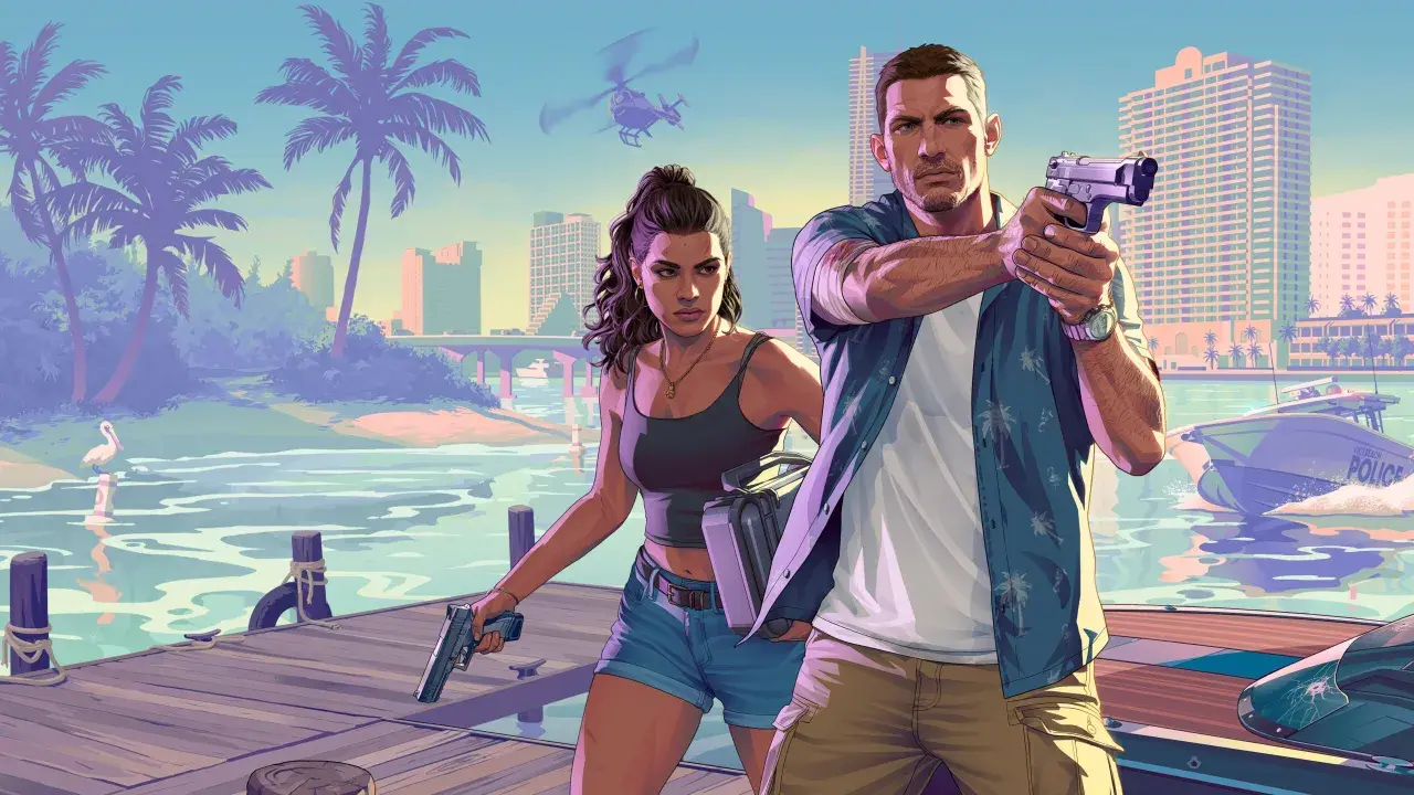 Para, która przygotowuje się do akcji w GTA 6 na PS4, z pistoletami w dłoniach, na tle miasta i policyjnej łodzi.