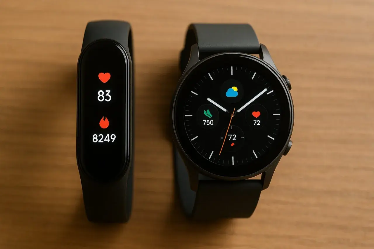 Deux montres connectées sur un bureau en bois. L'une affiche le rythme cardiaque et les pas, l'autre la météo et le rythme cardiaque. Apprenez comment activer le bluetooth sur une montre connectée.