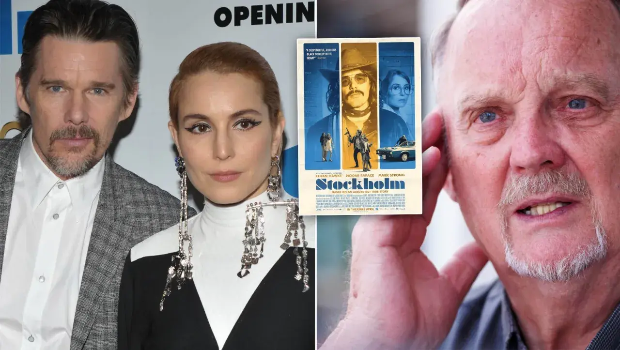 Ethan Hawke, Noomi Rapace och filmaffisch för "Stockholm" som skildrar norrmalmstorgsdramat med Janne Olsson. Även en bild på en äldre man.