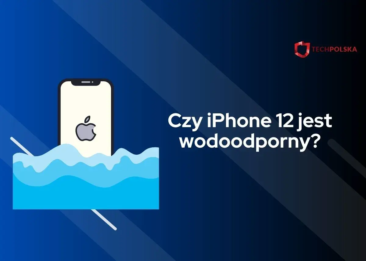 Ilustracja iPhone'a 12 zanurzonego w wodzie z falą.