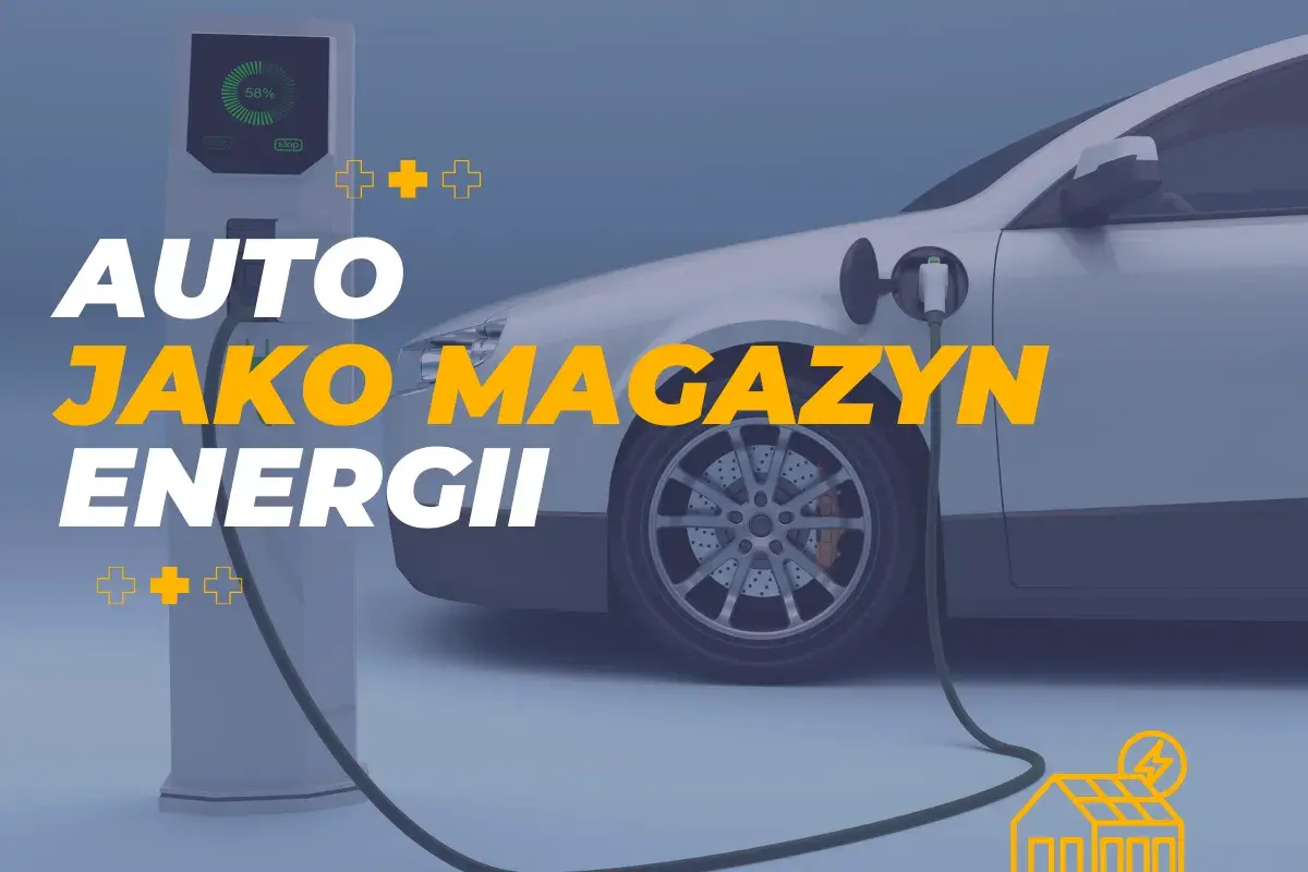Biały samochód elektryczny podłączony do ładowarki. Napis "AUTO JAKO MAGAZYN ENERGII" sugeruje, że pojazd może służyć jako mobilne źródło zasilania.