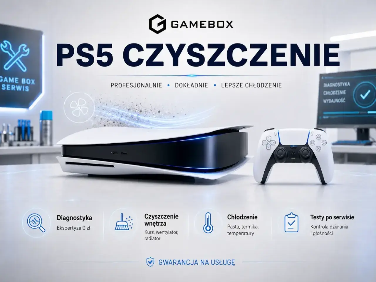 Profesjonalne czyszczenie PS5 w Game Box. Dbamy o lepsze chłodzenie i wydajność Twojej konsoli. Kurze, wentylatory, radiatory – wszystko będzie jak nowe!