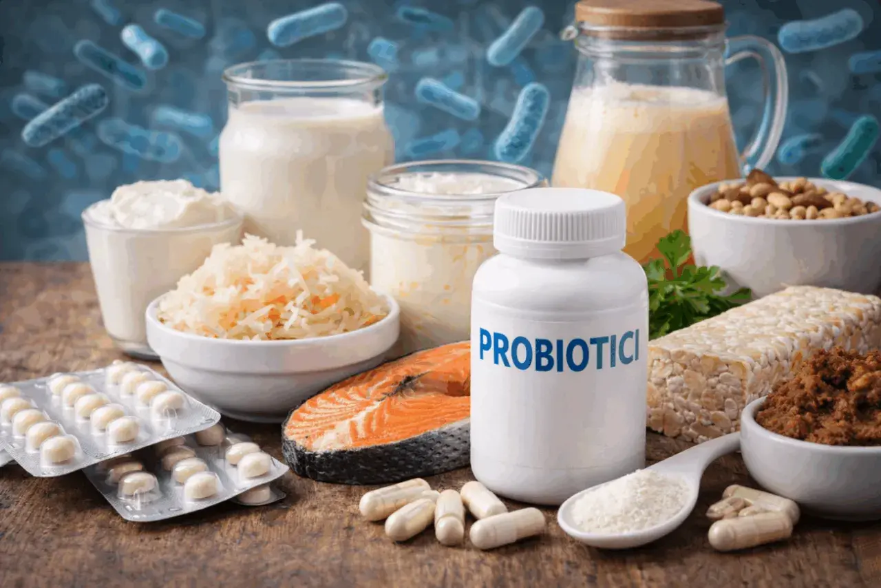 Alimenti fermentati, integratori e un flacone di probiotici per il gonfiore addominale.