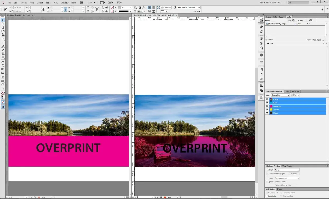 Podgląd nadruku (overprint) w InDesign pokazuje, jak kolory nakładają się na siebie, tworząc efekt głębi.