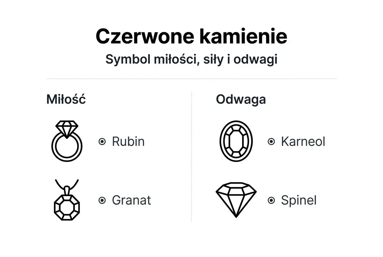 Czerwone kamienie: symbol miłości, siły i odwagi. Rubin, symbol miłości, jest tu przedstawiony na pierścionku.