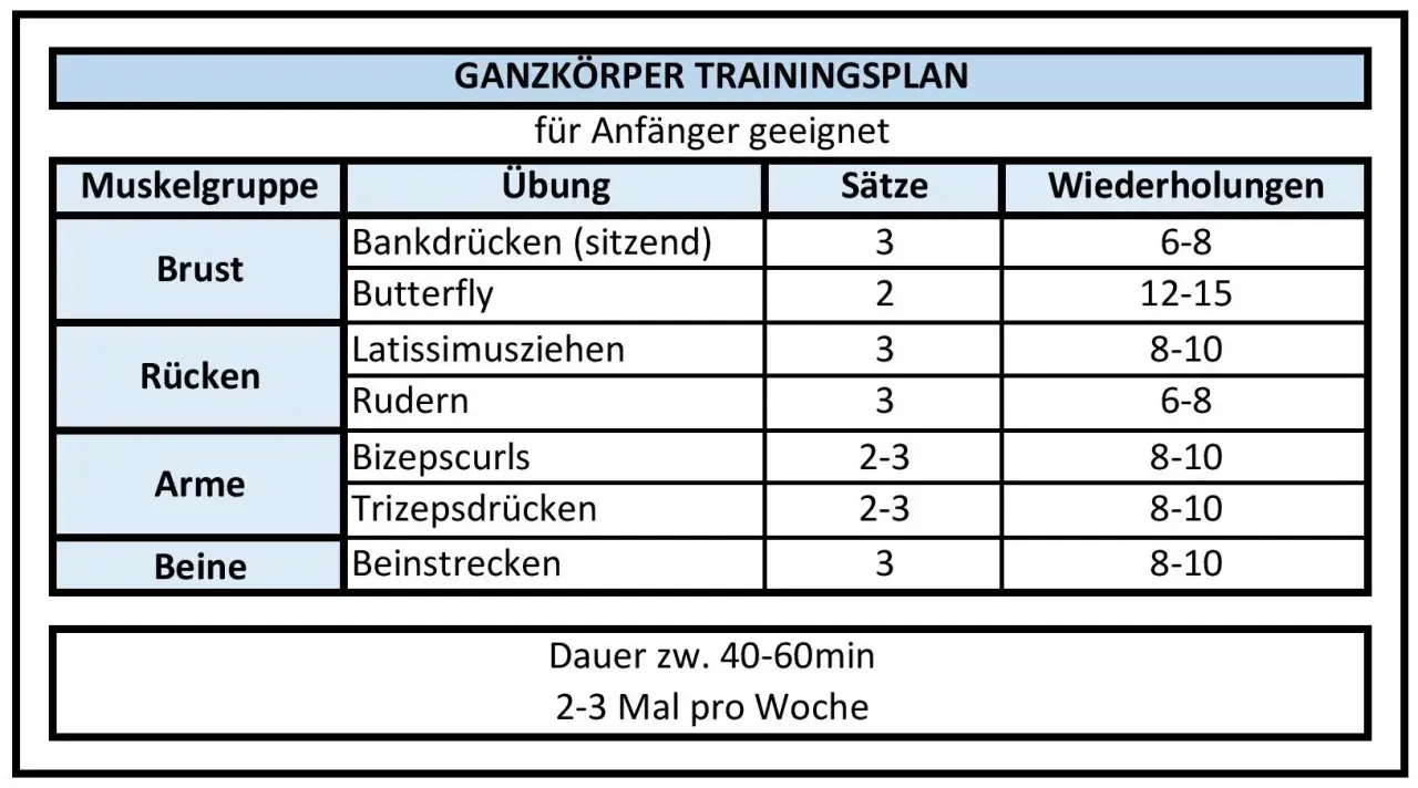 Ganzkörper Trainingsplan für Anfänger: Übungen für Brust, Rücken, Arme und Beine mit Sätzen und Wiederholungen. Ideal für Krafttraining.