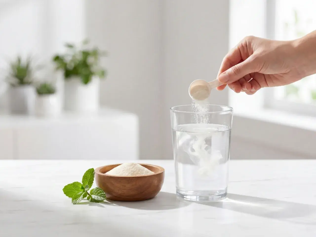 En hand häller kollagenpulver från en skopa ner i ett glas vatten. En skål med kollagen och mynta står bredvid.