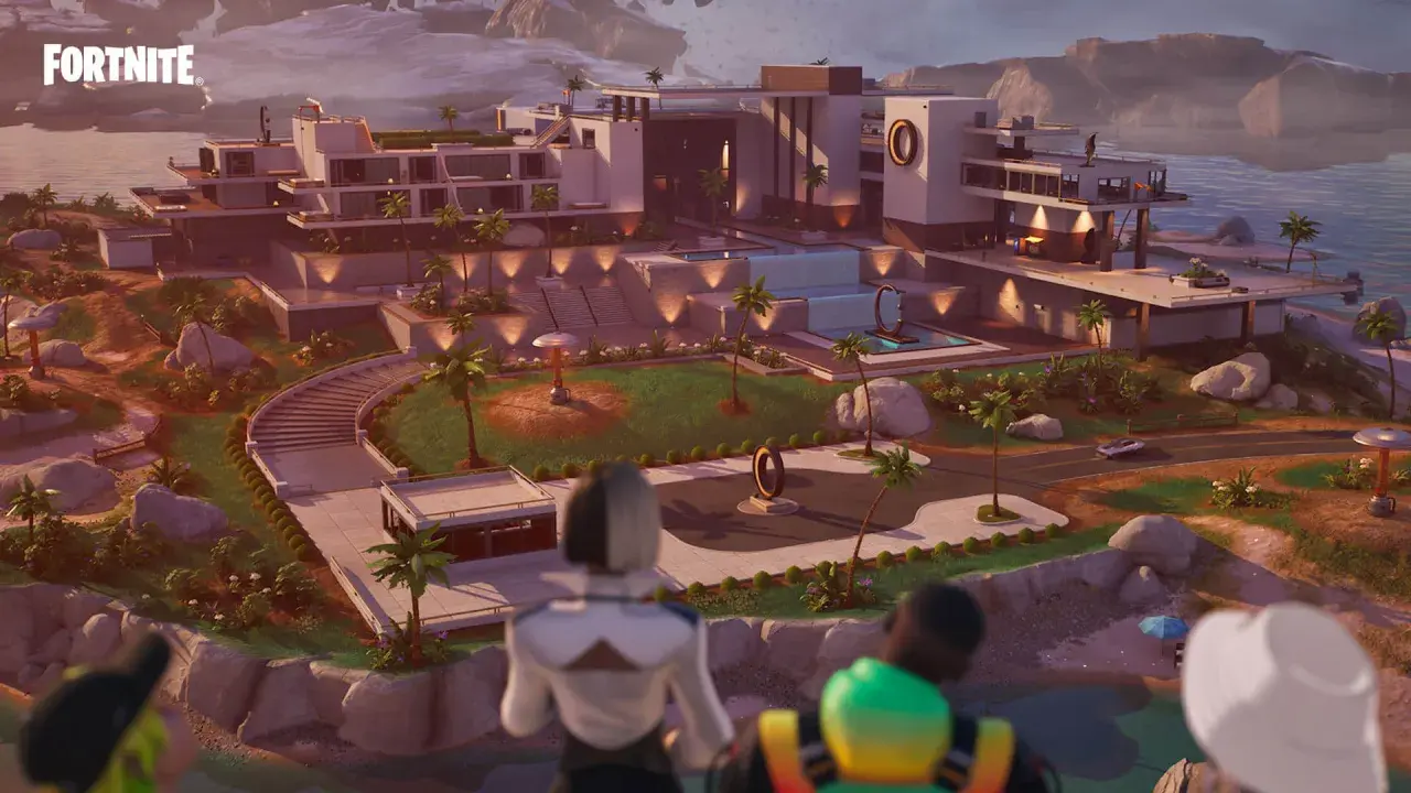 Luksusowa willa z basenem i palmami, widok na morze. Gracze Fortnite przygotowują się do akcji w Fortnite sezon 4.