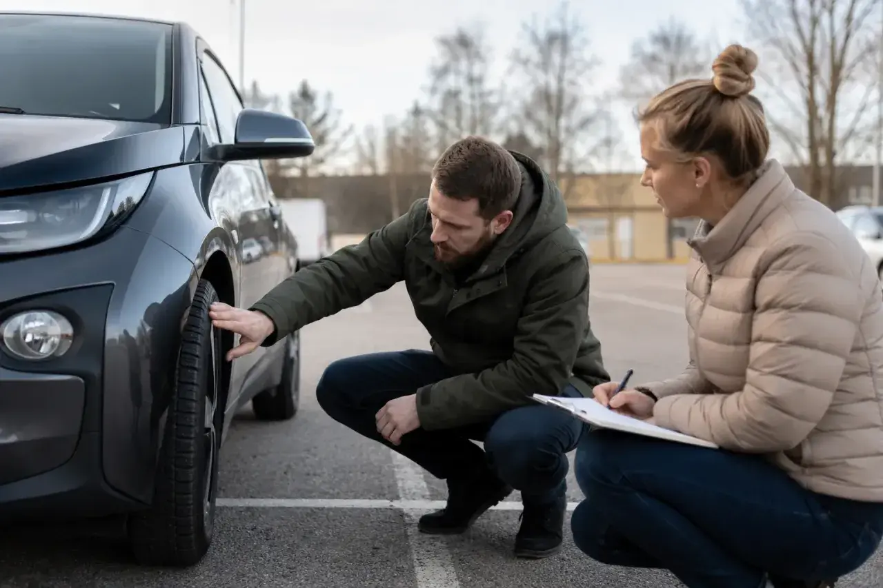 Man undersöker däcket på en BMW i3, kvinna skriver anteckningar. Ett potentiellt bmw i3 problem uppdagas.
