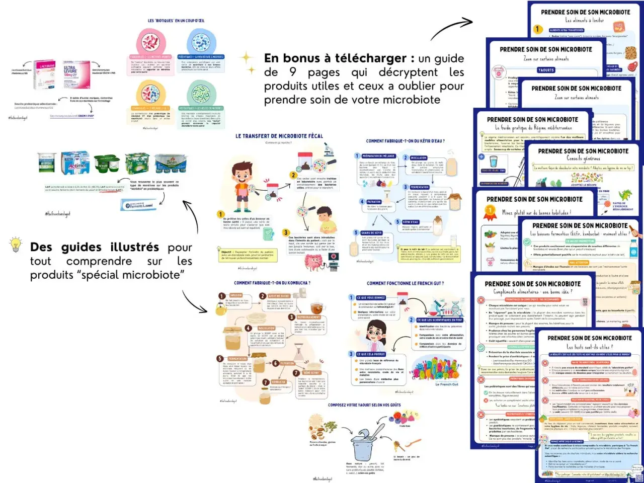 Guides illustrés sur les probiotiques et leurs bienfaits pour le microbiote. Apprenez à prendre soin de votre santé intestinale.