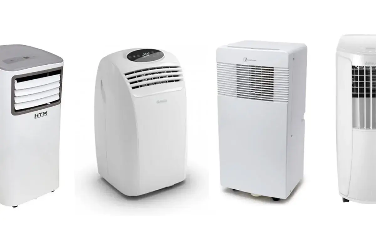 Comparativa: aire acondicionado portátil vs climatizador evaporativo. Cuatro unidades blancas de diferentes marcas, dispuestas en fila.