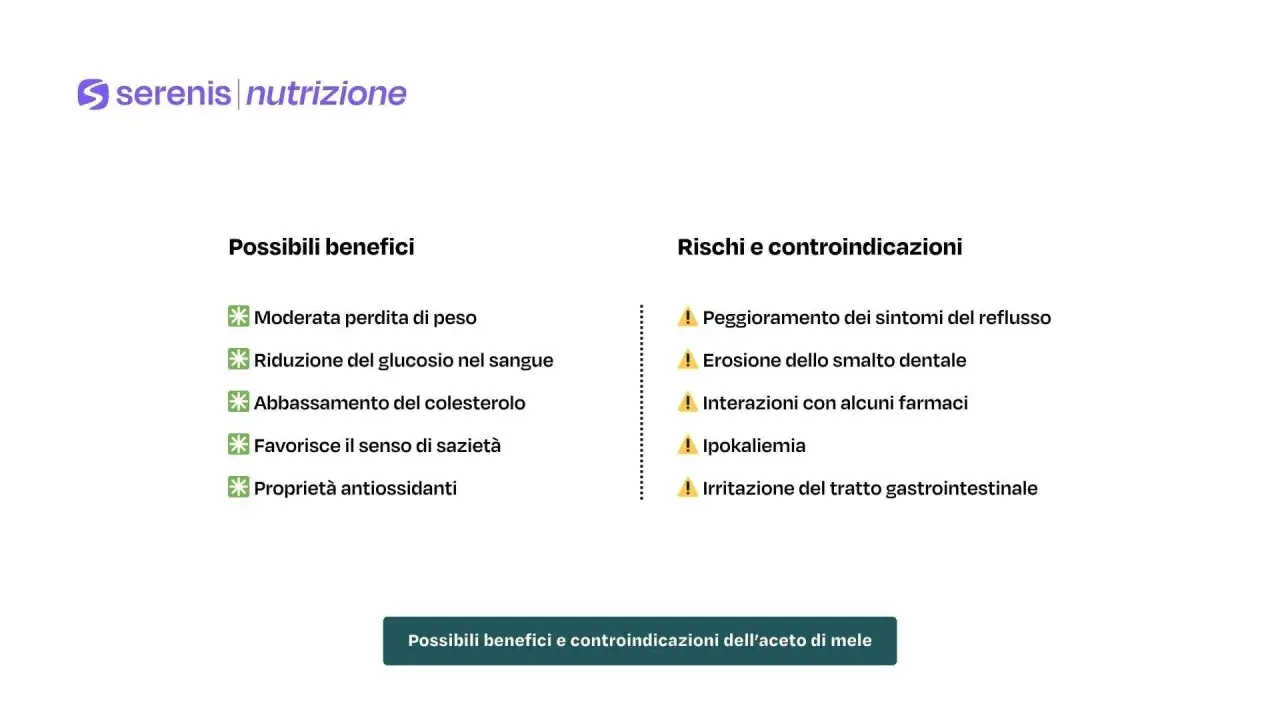 Aceto di mele: benefici per peso, glicemia, colesterolo e sazietà. Attenzione a rischi e controindicazioni.