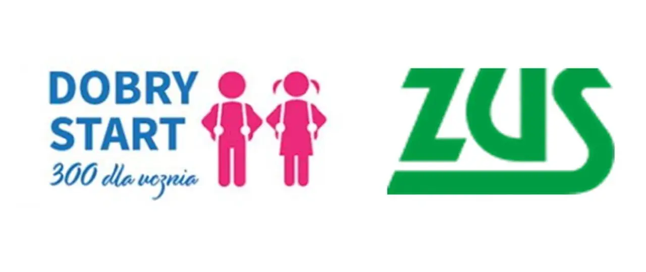 Logo "Dobry Start 300 dla ucznia" z sylwetkami dzieci i logo ZUS. Dobry start dla każdego ucznia.