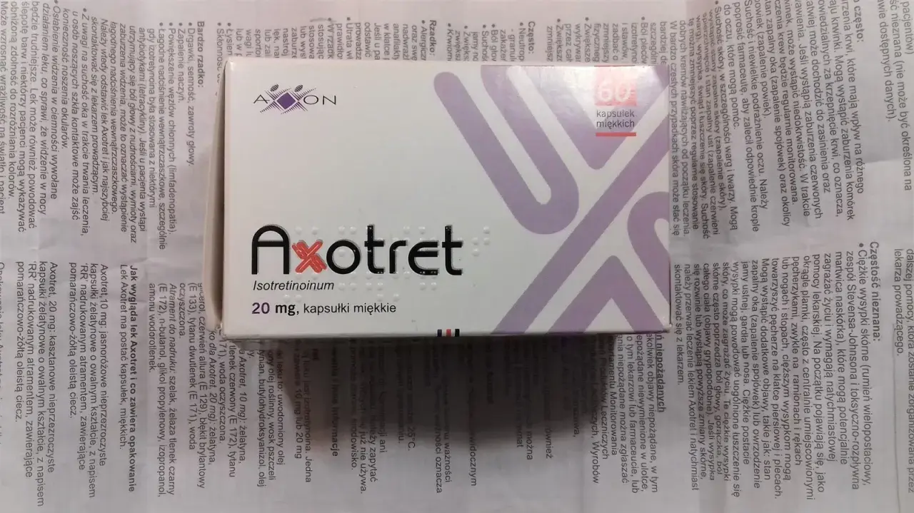 Opakowanie leku Axotret z kapsułkami miękkimi.
