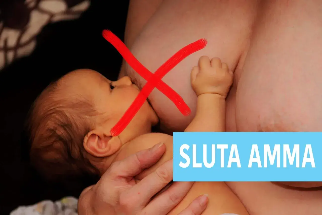 En röd X över en bebis som ammar. Texten "SLUTA AMMA" syns tydligt.
