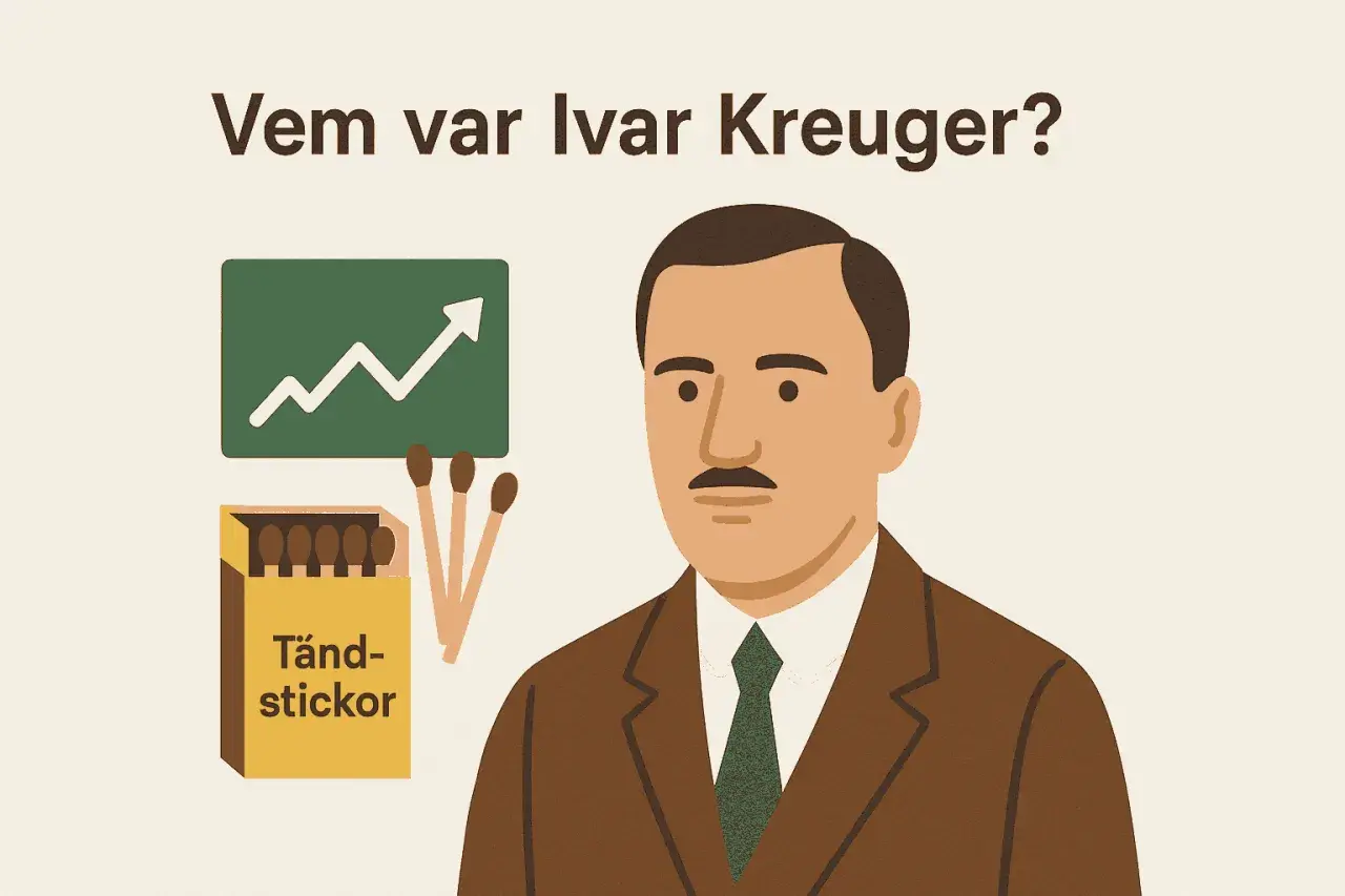 Illustration av Ivar Kreuger med tändstickor och en graf som visar uppgång.