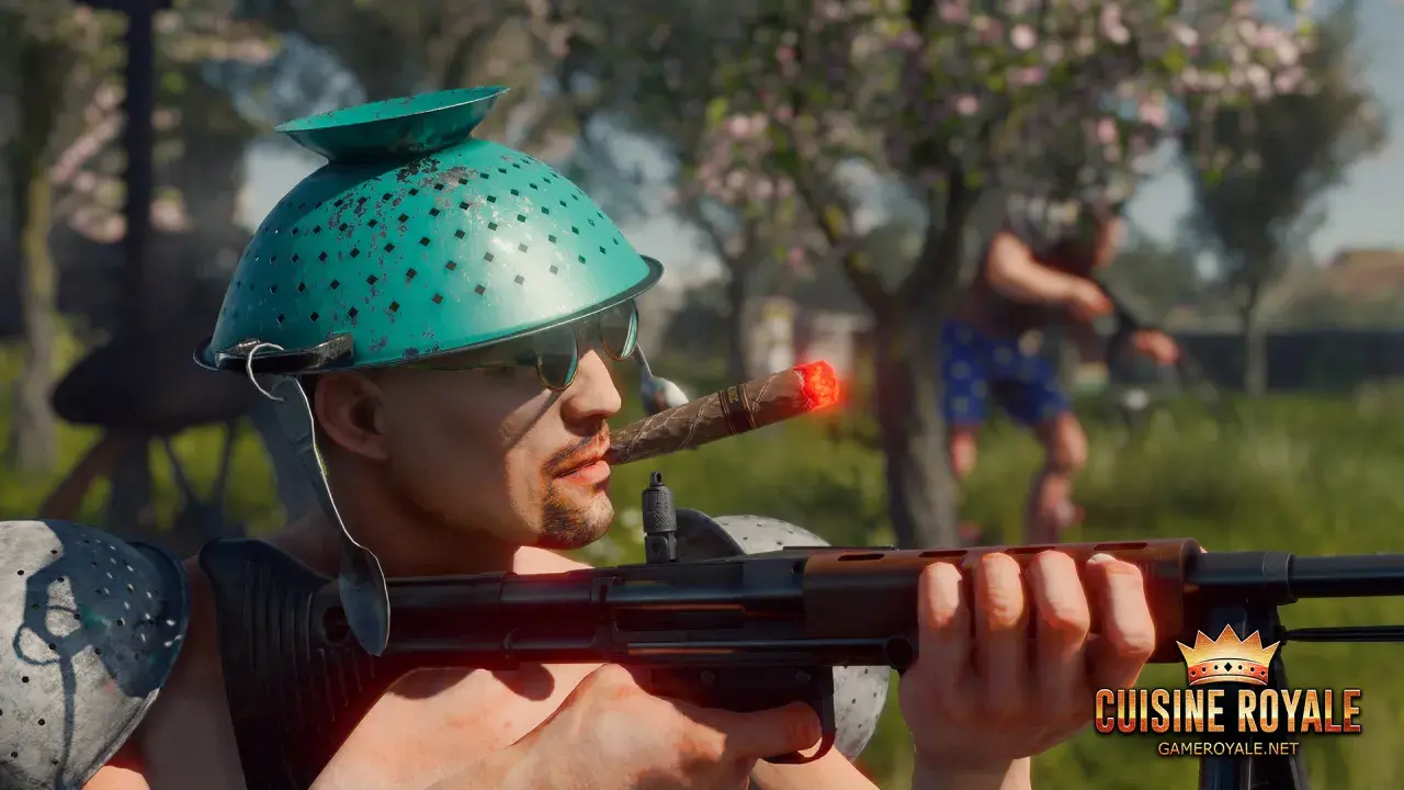Gracz w Cuisine Royale z durszlakiem na głowie i cygarem w ustach celuje z karabinu.
