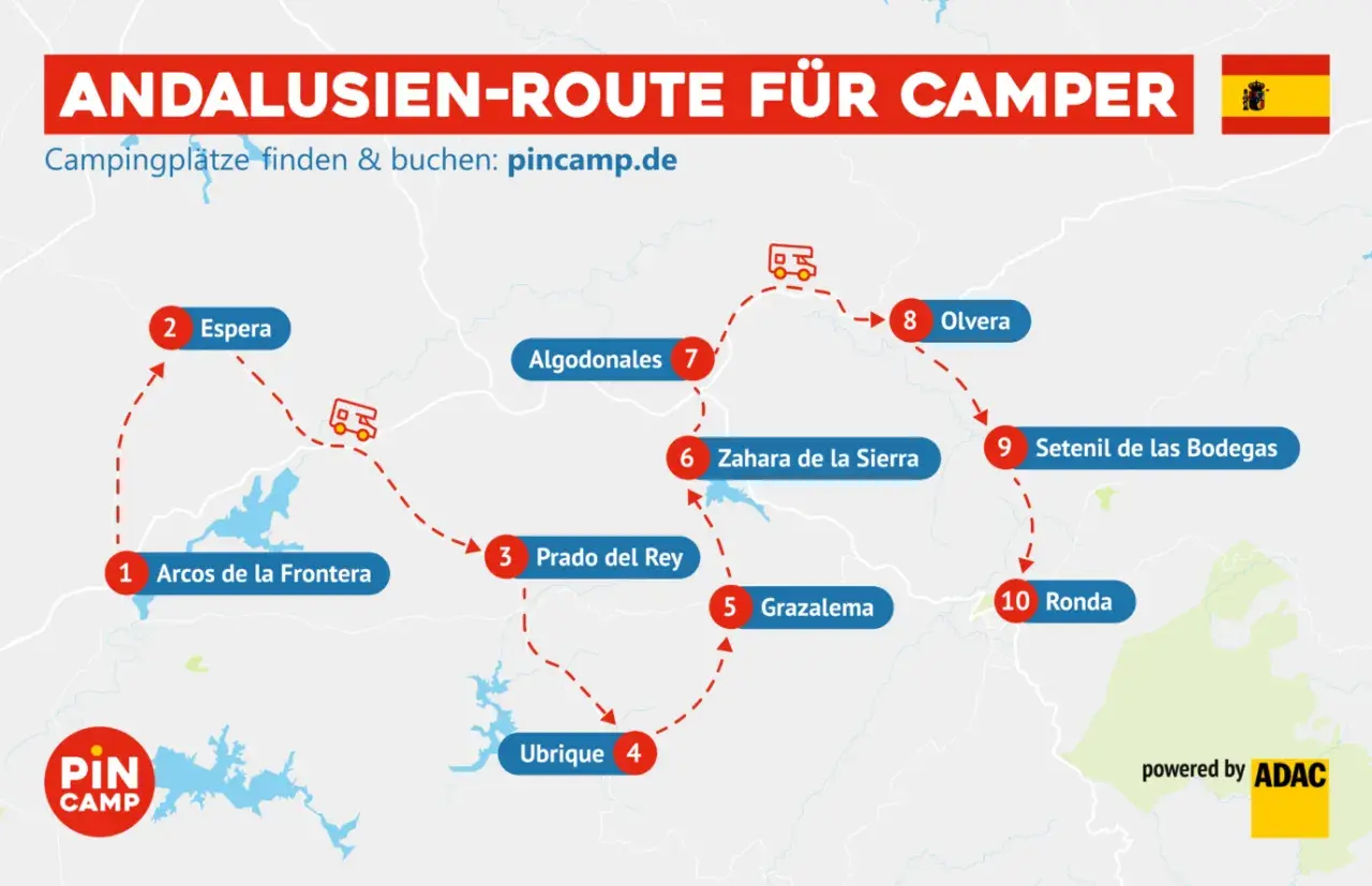 Karte zeigt eine Camper-Route durch Andalusien mit Zielen wie Arcos de la Frontera, Ronda und Olvera. Perfekt für Ihre nächsten Reiseziele Andalusien!