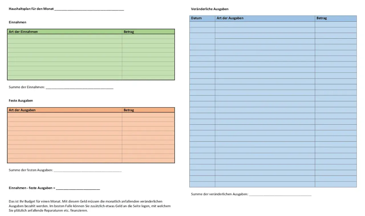 Kostenlose Tabelle Einnahmen-Ausgaben Vorlage für Ihren Monatsbudgetplan. Erfasst Einnahmen, feste und veränderliche Ausgaben.