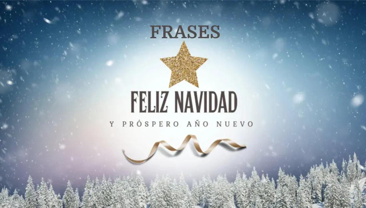 Frases de navidad y año nuevo con un paisaje nevado y un árbol de navidad.