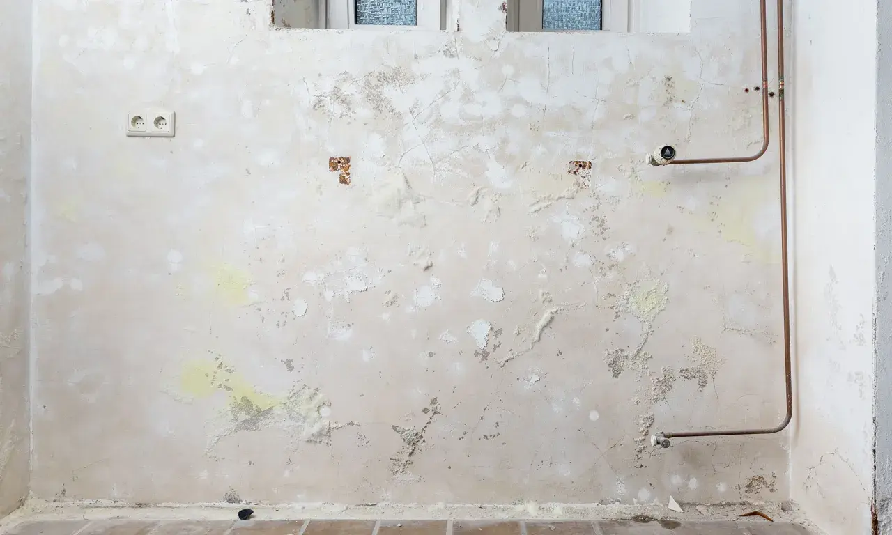 Feuchte Wand mit abblätterndem Putz, Salpeter-Ausblühungen und Kupferrohren. Was ist Salpeter? Ein Salz, das bei Feuchtigkeit entsteht.