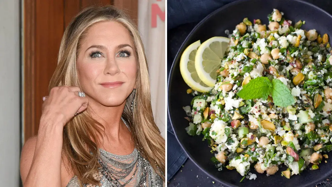 Jennifer Aniston-inspirerad sallad med quinoa, kikärtor och fetaost. Ett hälsosamt jennifer aniston sallad recept.