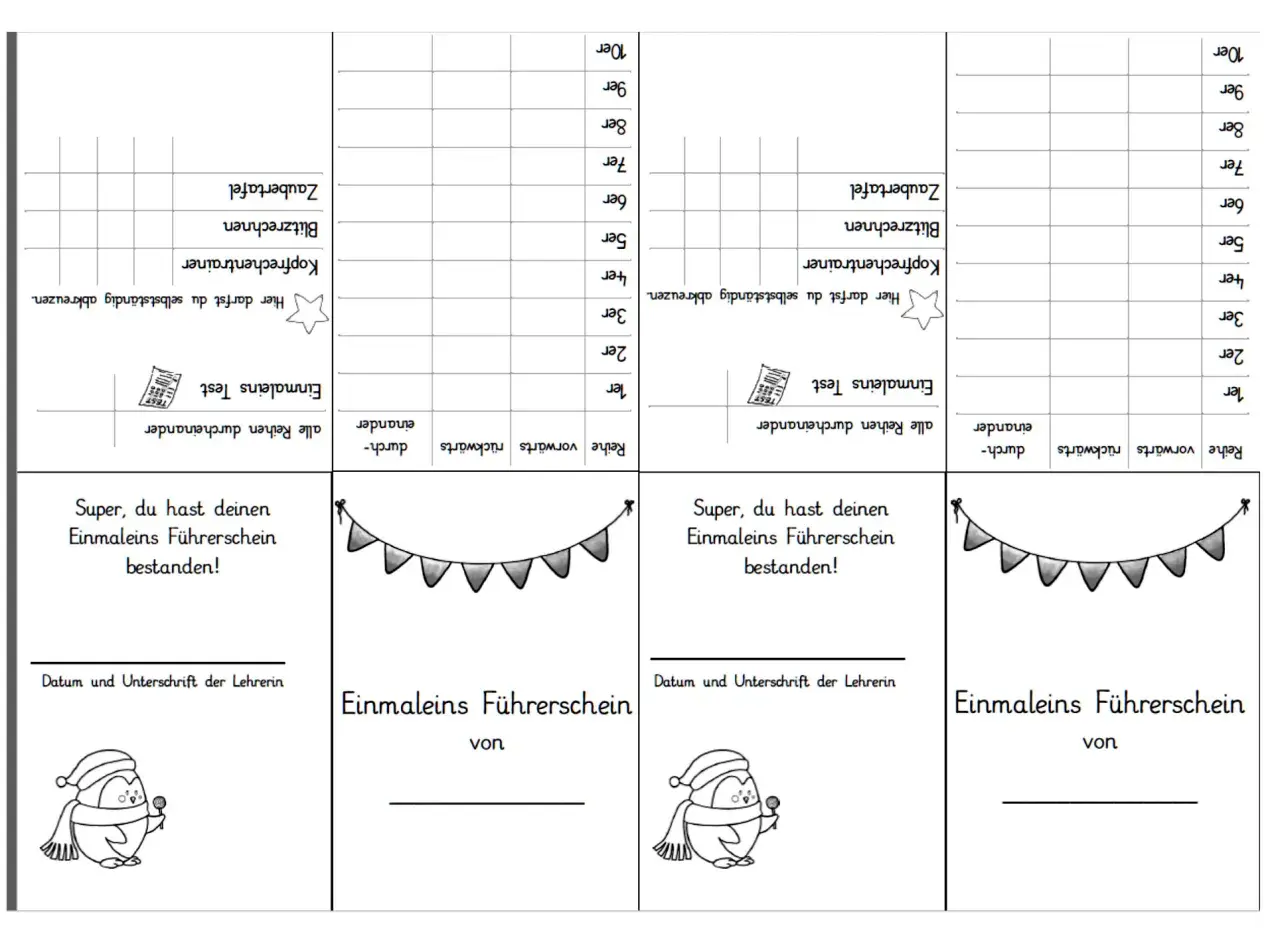 Urkunden für den Kindergarten, um das Einmaleins zu erfassen. Kinder können hier ihre Fortschritte beim Rechnen und Üben festhalten.