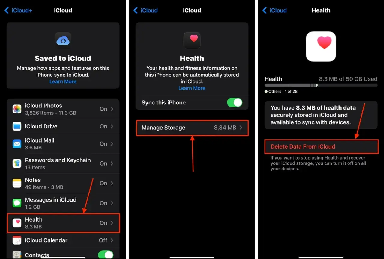 Zrzuty ekranu pokazują proces czyszczenia danych aplikacji Zdrowie z iCloud. Widoczne są opcje zarządzania pamięcią i usuwania danych.