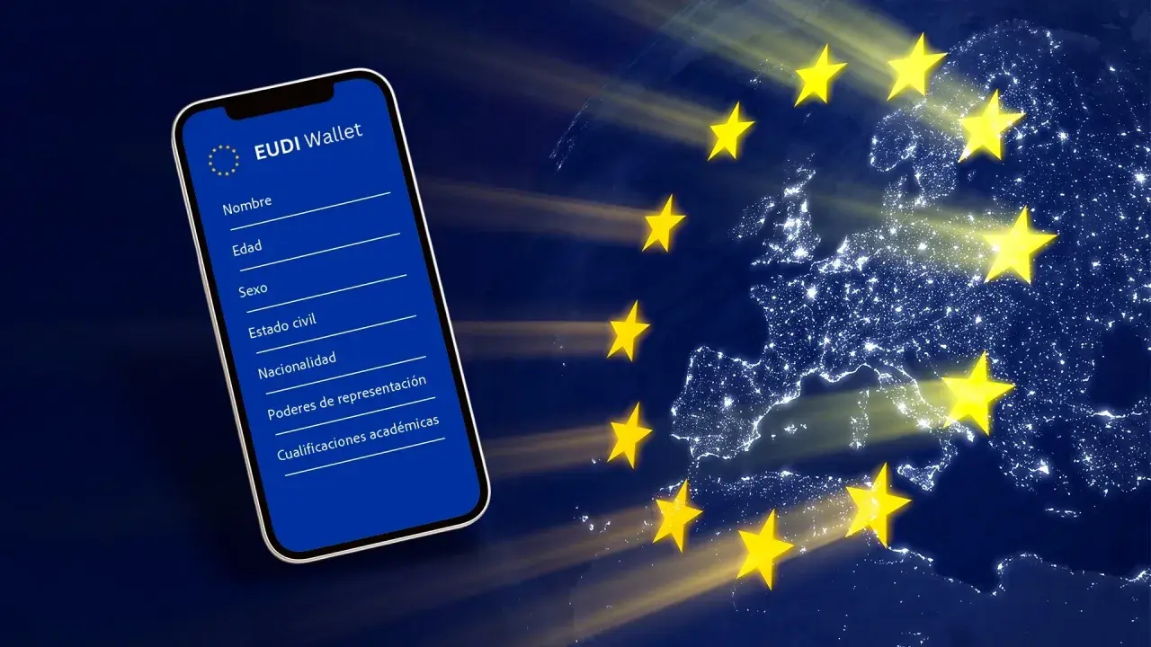 Teléfono con la app EUDI Wallet y el mapa de Europa con estrellas, representando la identidad digital europea bajo eidas 2.
