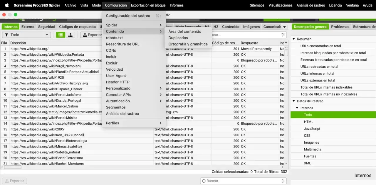 Herramienta SEO muestra una lista de partes de una URL de Wikipedia, con opciones de configuración y análisis.