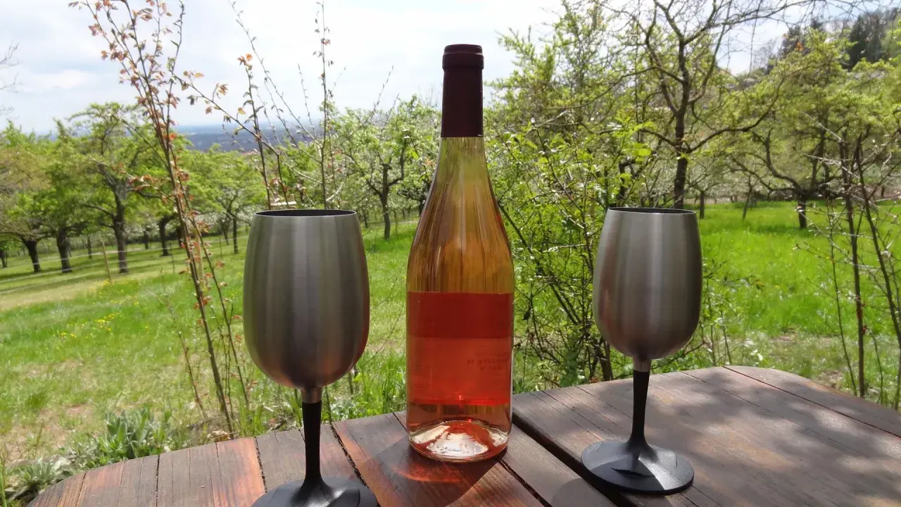 Flasche Roséwein und zwei Edelstahlgläser auf Holztisch, umgeben von blühenden Obstbäumen. Ein echter Geheimtipp von einem Winzer aus der Pfalz.