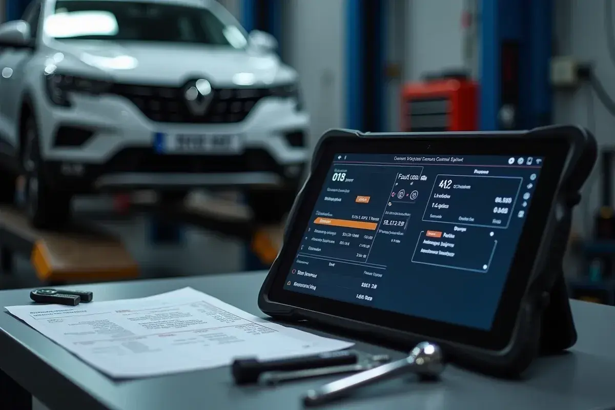 Diagnóstico de un Renault 1525f3 en taller. Tablet muestra datos del vehículo y herramientas a su lado.