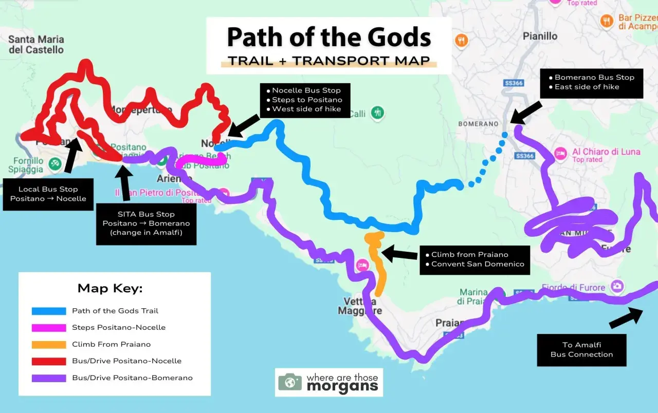 Path of the Gods map showing hiking trails and transport options between Positano and Bomerano.