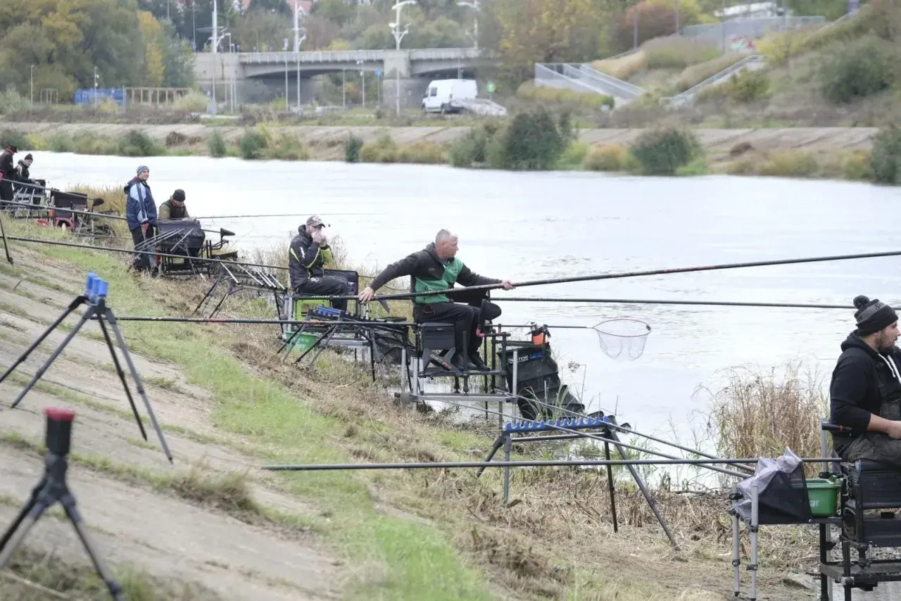 Wędkarze siedzą nad rzeką, łowiąc ryby.