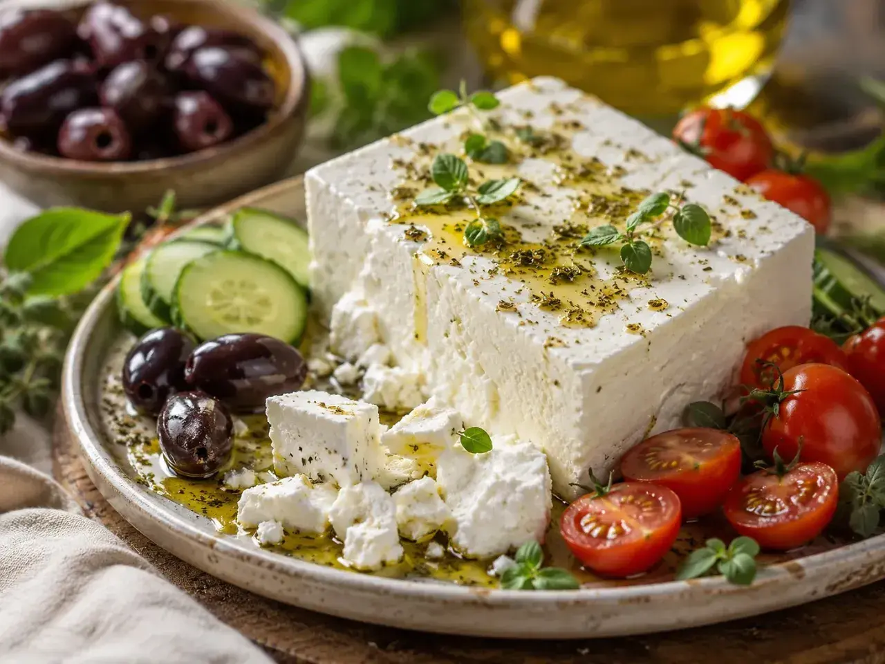Un blocco di feta, formaggio di capra, condito con erbe e olio, servito con pomodorini, olive e cetrioli.