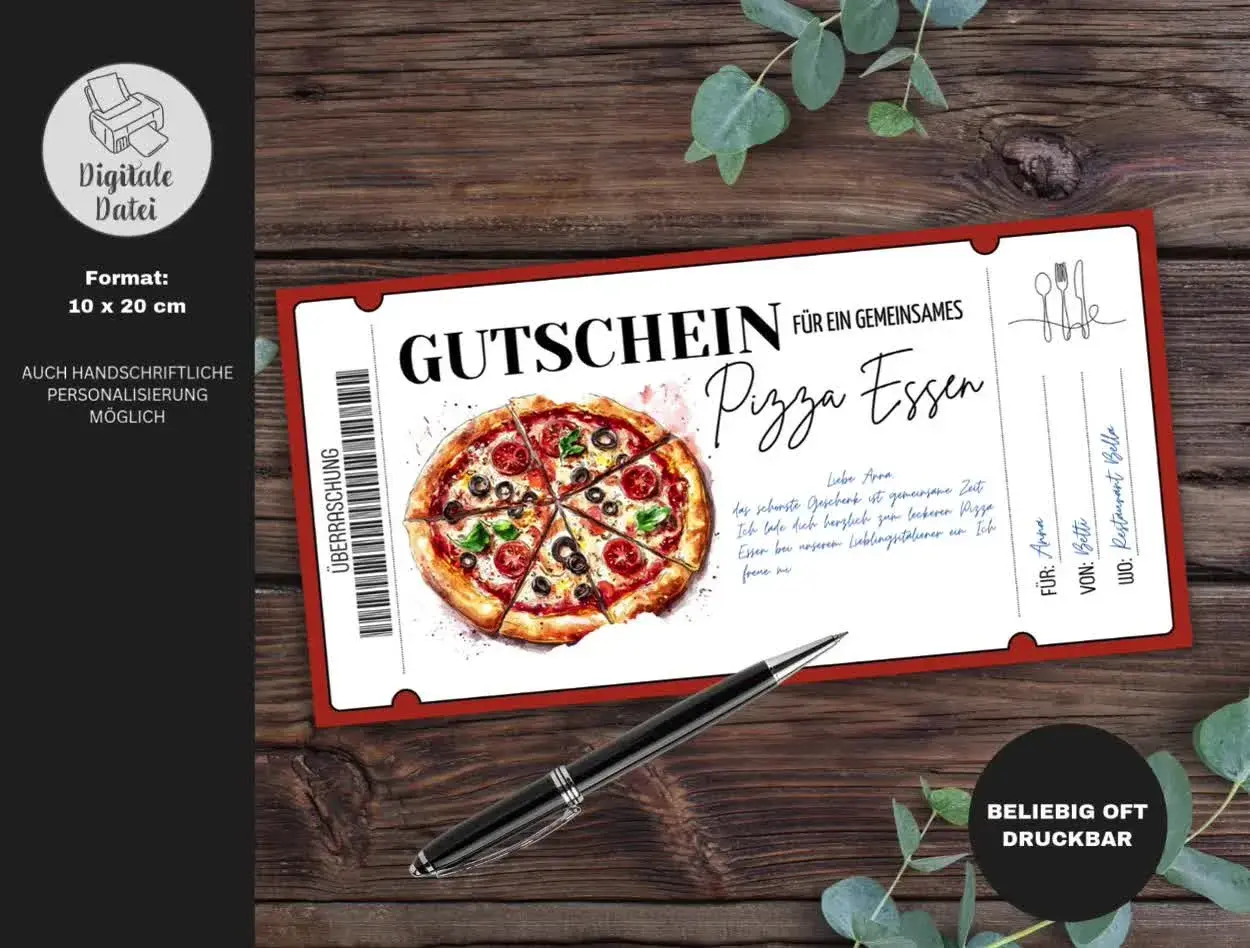 Voucher na pizzę z napisem "Gutschein für ein gemeinsames Pizza Essen". Idealny na prezent.
