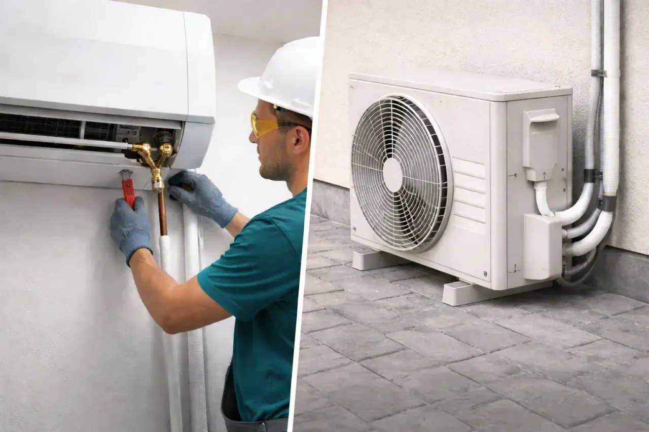 Técnico instala unidad interior de aire acondicionado. Unidad exterior con ventilador y tuberías, mostrando las medidas del compresor de aire acondicionado.