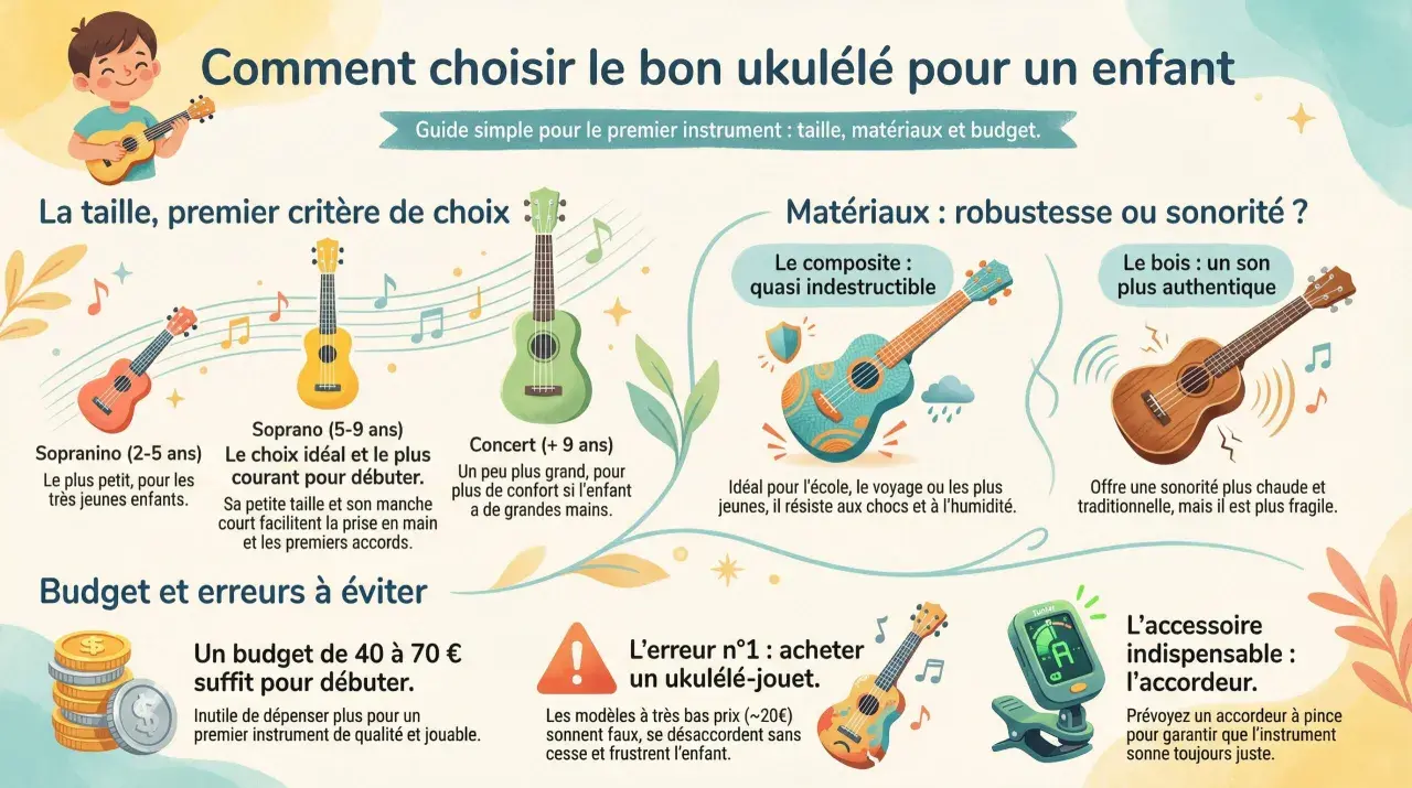 Un enfant joue d'une petite guitare hawaïenne. L'image compare différents ukulélés pour enfants, leurs matériaux et des conseils pour débuter.