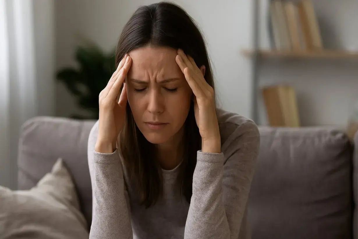 Donna con le mani sulle tempie, occhi chiusi, espressione di profondo stress e possibile esaurimento nervoso.