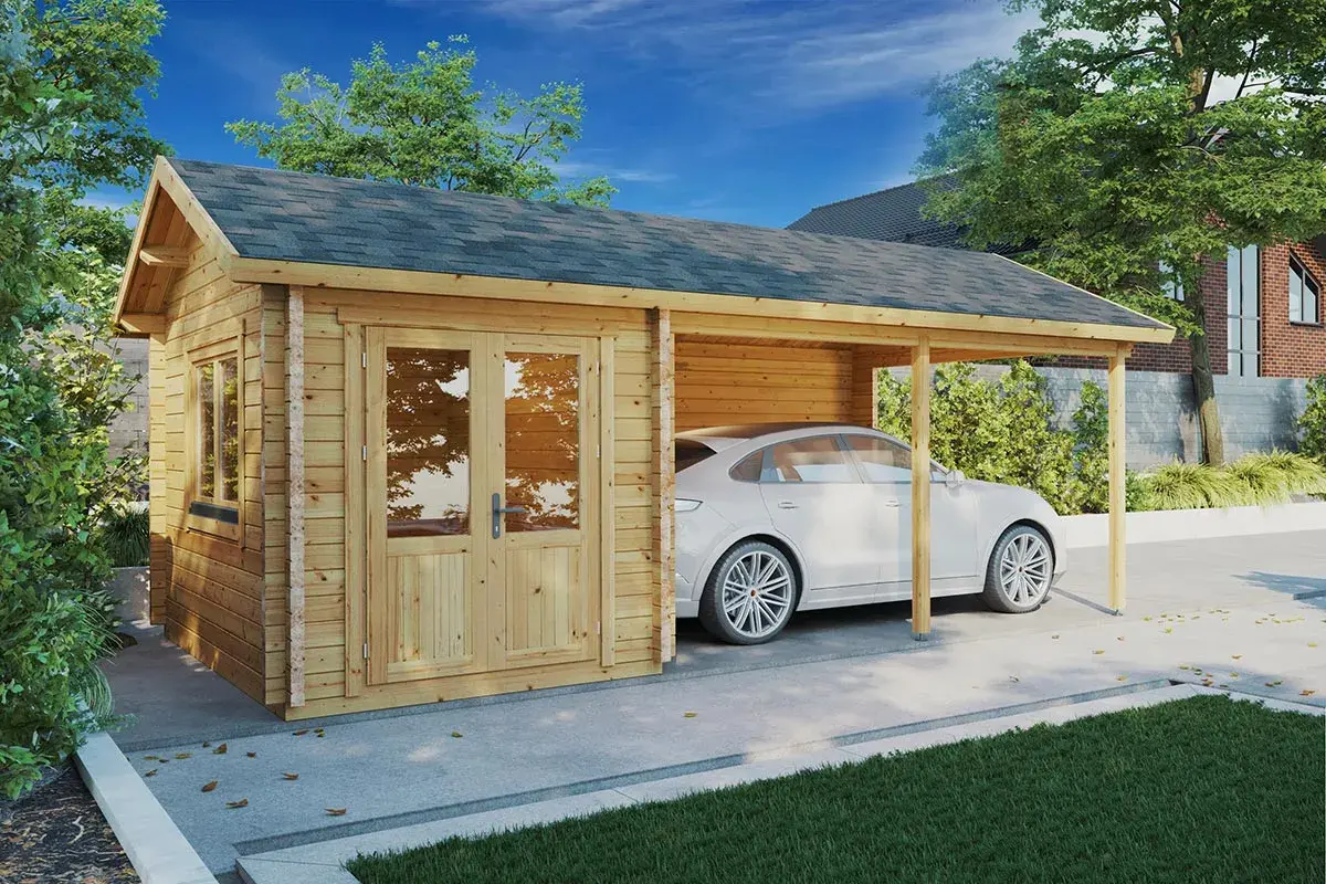 En vit bil parkerad under en nybyggd carport i trä. Enkel och funktionell lösning för att bygga carport.